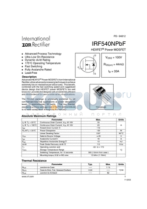IRF540NPBF datasheet - HEXFET Power MOSFET