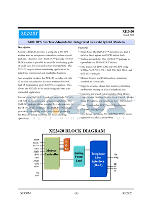 XE2420 datasheet - 2400 BPS Surface-Mountable Integrated Sealed-Hybrid Modem