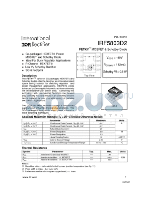 IRF5803D2 datasheet - FETKY MOSFET & Schottky Diode(Vdss=-40V, Rds(on)=112ohm)
