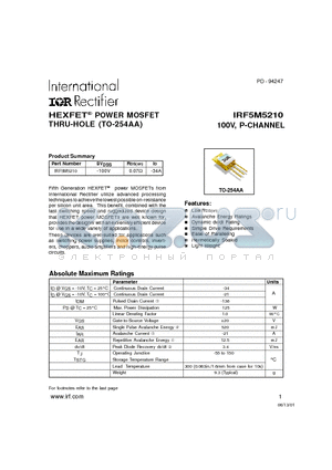 IRF5M5210 datasheet - POWER MOSFET P-CHANNEL(Vdss=-100V, Rds(on)=0.07ohm, Id=-34A)