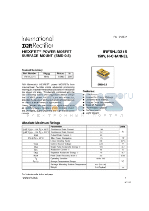 IRF5NJ3315 datasheet - POWER MOSFET N-CHANNEL(Vdss=150V, Rds(on)=0.08ohm, Id=20A)