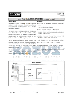 XE3314B datasheet - Low-Cost, Embeddable 33,600 BPS Modem Module