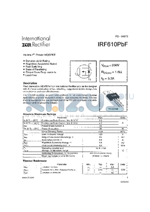 IRF610PBF datasheet - HEXFET^ Power MOSFET