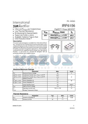 IRF6156 datasheet - FlipFET Power MOSFET