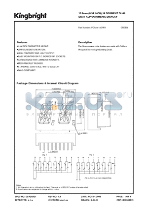 PDA54-12GWA datasheet - 13.8mm (0.54 INCH) 14 SEGMENT DUAL DIGIT ALPHANUMERIC DISPLAY