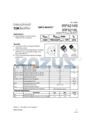 IRF6218S datasheet - HEXFET Power MOSFET