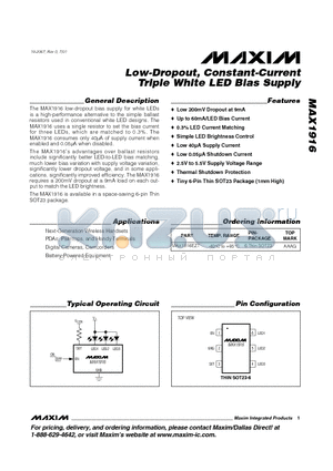 MAX1916EZT datasheet - Low-Dropout, Constant-Current Triple White LED Bias Supply