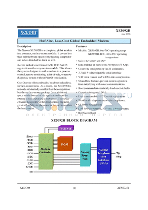 XE5692H datasheet - Half-Size, Low-Cost Global Embedded Modem