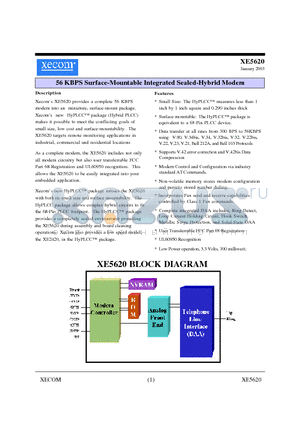 XE5620-ITR datasheet - 56 KBPS Surface-Mountable Integrated Sealed-Hybrid Modem