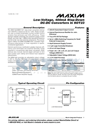 MAX1920 datasheet - Low-Voltage, 400mA Step-Down DC-DC Converters in SOT23