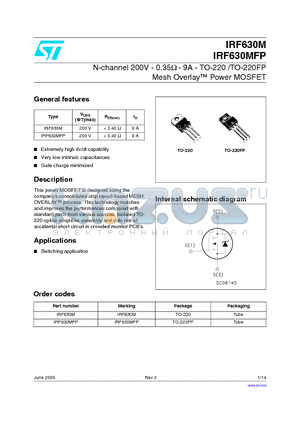 IRF630MFP datasheet - N-channel 200V - 0.35Y - 9A - TO-220 /TO-220FP Mesh Overlay Power MOSFET