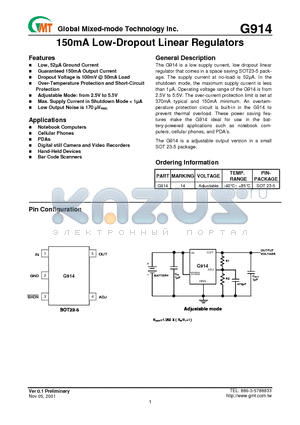 G914 datasheet - 150mA Low-Dropout Linear Regulators