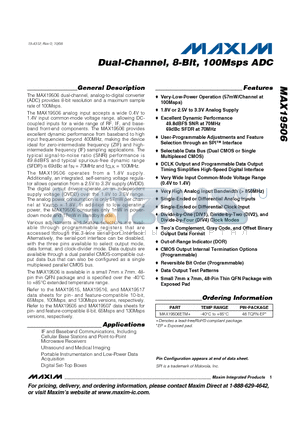 MAX19506ETM+ datasheet - Dual-Channel, 8-Bit, 100Msps ADC