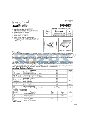 IRF6601 datasheet - DirectFET Power MOSFET(Vdss=20V)