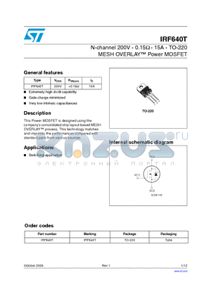 IRF640T datasheet - N-channel 200V - 0.15Y - 15A - TO-220 MESH OVERLAY Power MOSFET