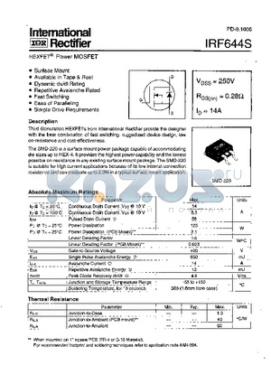 IRF644S datasheet - Power MOSFET(Vdss=250V, Rds(on)=0.28ohm, Id=14A)