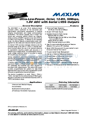 MAX19527EXE+ datasheet - Ultra-Low-Power, Octal, 12-Bit, 50Msps, 1.8V ADC with Serial LVDS Outputs