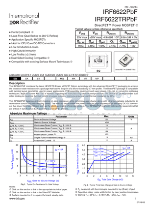 IRF6622PBF datasheet - DirectFET Power MOSFET