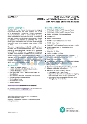 MAX19757ETX+ datasheet - Dual, SiGe, High-Linearity, 1700MHz to 2700MHz Downconversion Mixer