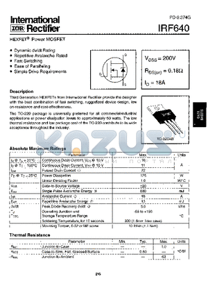 IRF640 datasheet - Power MOSFET(Vdss=200V, Rds(on)=0.18ohm, Id=18A)
