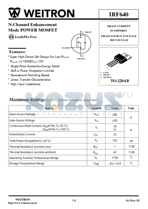 IRF640 datasheet - N-Channel Enhancement Mode POWER MOSFET