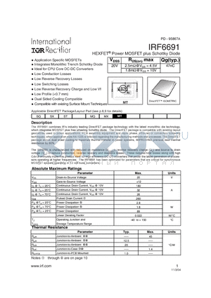 IRF6691 datasheet - HEXFET Power MOSFET plus Schottky Diode