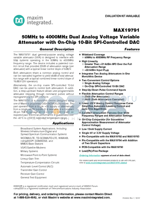 MAX19791 datasheet - 50MHz to 4000MHz Dual Analog Voltage Variable Attenuator with On-Chip 10-Bit SPI-Controlled DAC