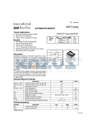 IRF7103Q datasheet - Power MOSFET(Vdss=50V)