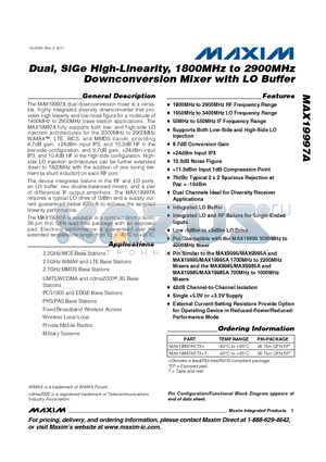 MAX19997AETX+ datasheet - Dual, SiGe High-Linearity, 1800MHz to 2900MHz Downconversion Mixer with LO Buffer