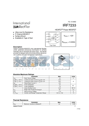 IRF7233 datasheet - HEXFET Power MOSFET