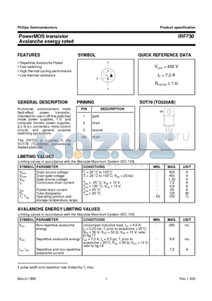 IRF730 datasheet - PowerMOS transistor Avalanche energy rated