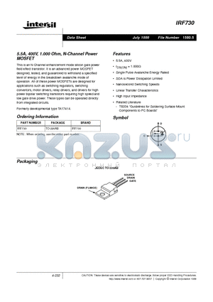 IRF730 datasheet - 5.5A, 400V, 1.000 Ohm, N-Channel Power MOSFET