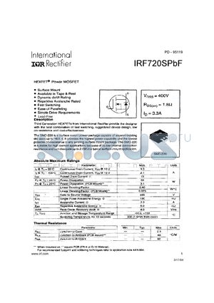 IRF720SPBF datasheet - HEXFET POWER MOSFET (VDSS = 400V , RDS(on) = 1.8Y , ID = 3.3A )