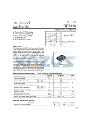 IRF7316 datasheet - HEXFET POWER MOSFET