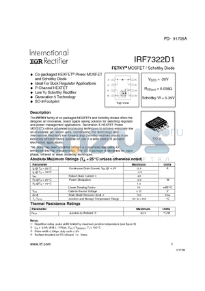 IRF7322D1 datasheet - MOSFET  Schottky Diode ( VDSS = -20V , RDS(on) = 0.058W , Schottky Vf = 0.39V )