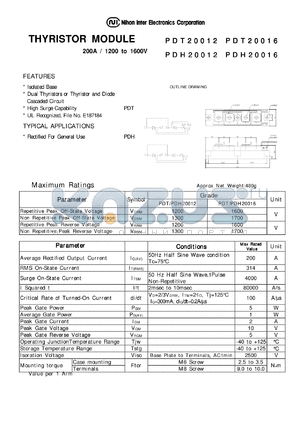 PDH20016 datasheet - THYRISTOR MODULE 200A / 1200to 1600V