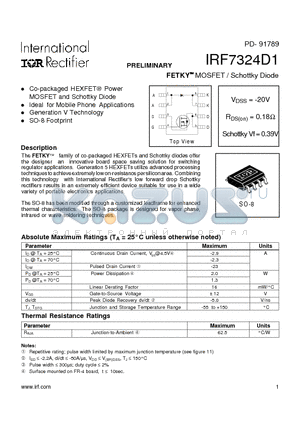 IRF7324D1TR datasheet - FETKY MOSFET / Schottky Diode