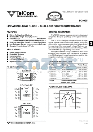 TC1025CPA datasheet - LINEAR BUILDING BLOCK - DUAL LOW POWER COMPARATOR