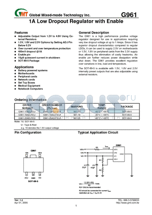 G961 datasheet - 1A Low Dropout Regulator with Enable
