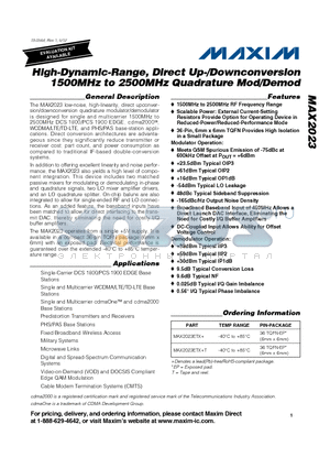 MAX2023_V1 datasheet - High-Dynamic-Range, Direct Up-/Downconversion 1500MHz to 2500MHz Quadrature Mod/Demod