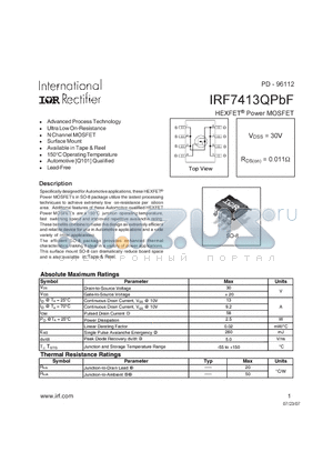 IRF7413QPBF datasheet - HEXFET Power MOSFET