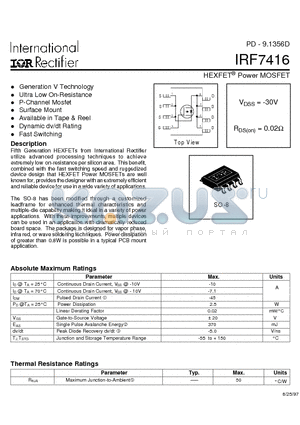 IRF7416 datasheet - Power MOSFET(Vdss=-30V, Rds(on)=0.02ohm)