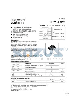 IRF7422D2 datasheet - FETKY-TM MOSFET AND Schottky Diode