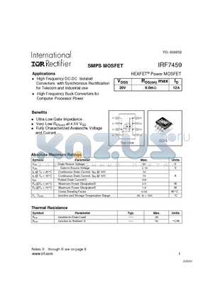 IRF7459 datasheet - Power MOSFET(Vdss=20V, Rds(on)max=9.0mohm, Id=12A)
