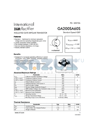 GA200SA60S datasheet - INSULATED GATE BIPOLAR TRANSISTOR