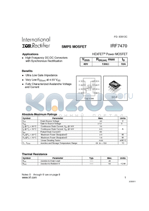 IRF7470 datasheet - Power MOSFET(Vdss=40V, Rds(on)max=13mohm, Id=10A)