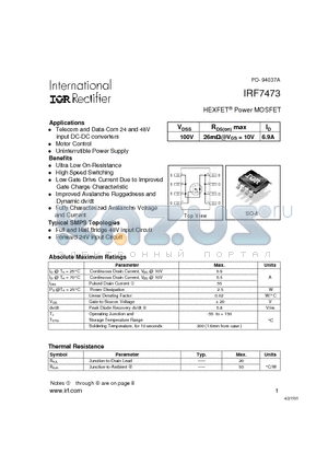 IRF7473 datasheet - Power MOSFET(Vdss=100V, iD=6.9A)