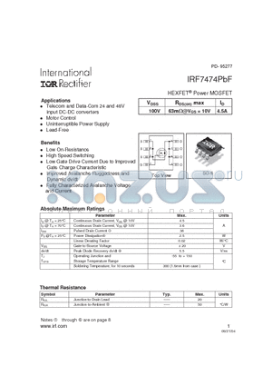 IRF7474PBF datasheet - HEXFET^Power MOSFET