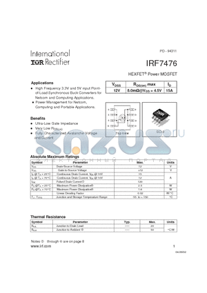 IRF7476 datasheet - Power MOSFET(Vdss=12V, Id=15A)