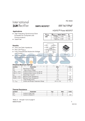 IRF7477PBF datasheet - HEXFET Power MOSFET